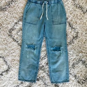 Bright blue elastic waist draw string jeans